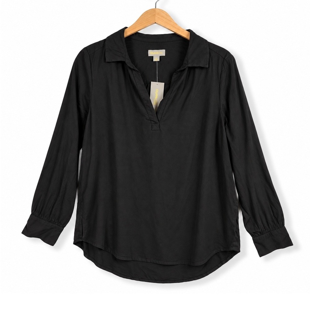 Style & Co Blouse Womens PM Deep Black Rayon V-Neck Hygge Energy Casual